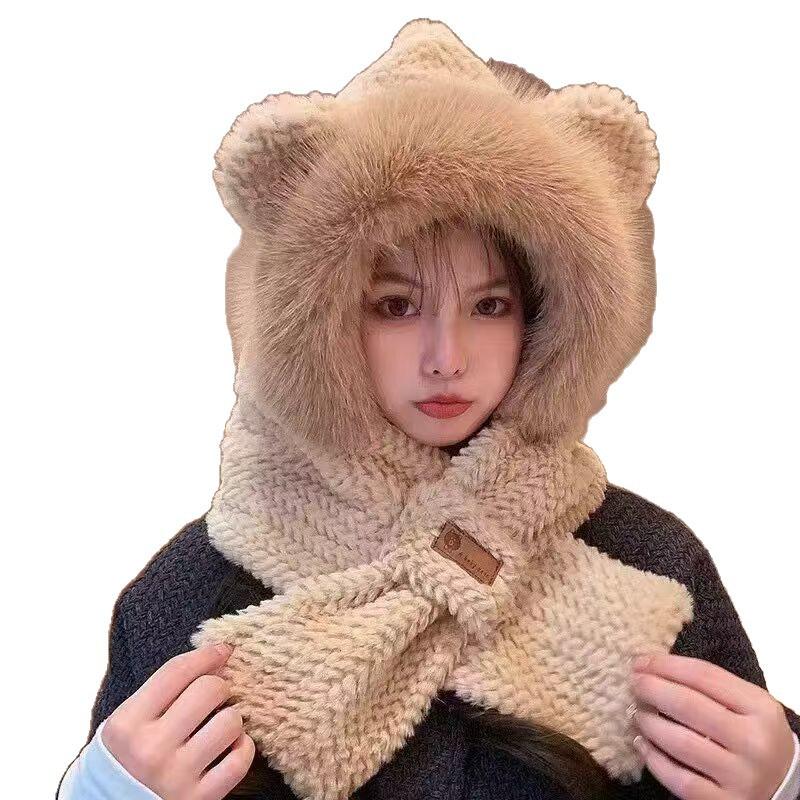 New Winter Japanese Cute Bear Plush Hat Scarf Gloves Integrated with Women's Bike Riding Thickened Warm Ear Protection Hat
