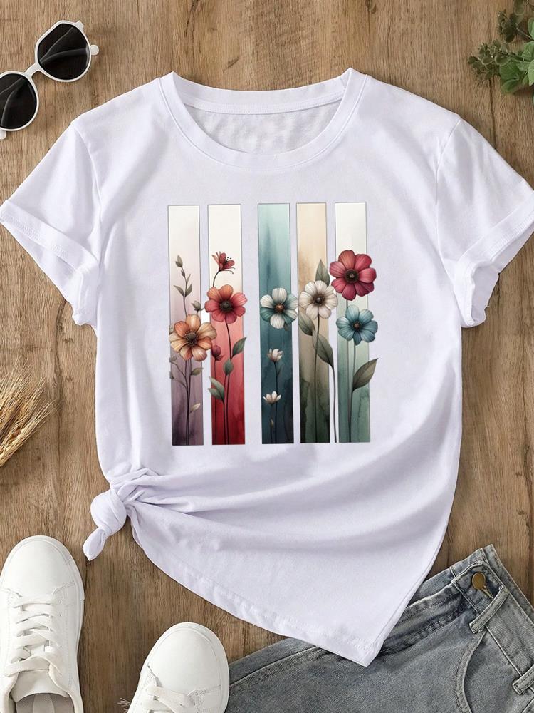 (Asian Size)  trend lovely flower style o-neck Women's Top T Clothing Print Short Sleeve T-shirts Fashion Female Casual Graphic Tee