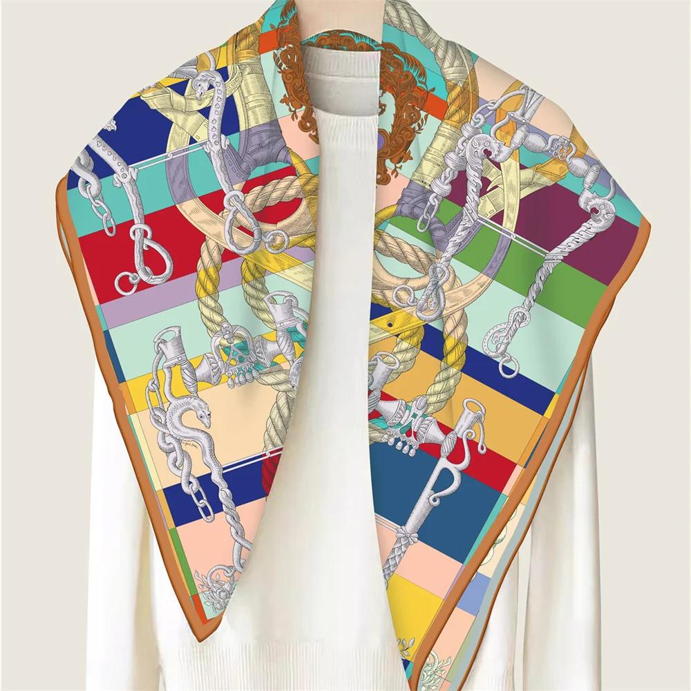 POBING Manual Hand Rolled Twill Silk Scarf Women Rope Double Side Print Square Scarves Wraps Echarpes Foulards Femme Hijab 90CM
