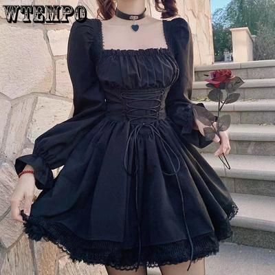 Long Sleeves Lolita Black Dress Goth Aesthetic Puff Sleeve High Waist Vintage Bandage Lace Trim Party Gothic Clothes Dress Woman