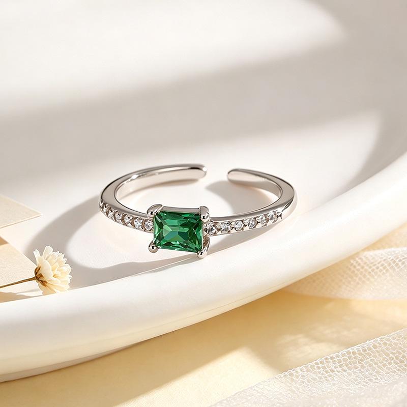 Adjustable Green Zircon Square Pinky Ring with Paved Rhinestones - Light Luxury for Women