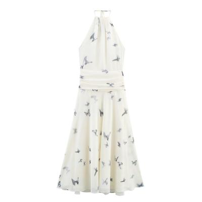 Women's Halter Butterfly Print Pleated Backless Dress