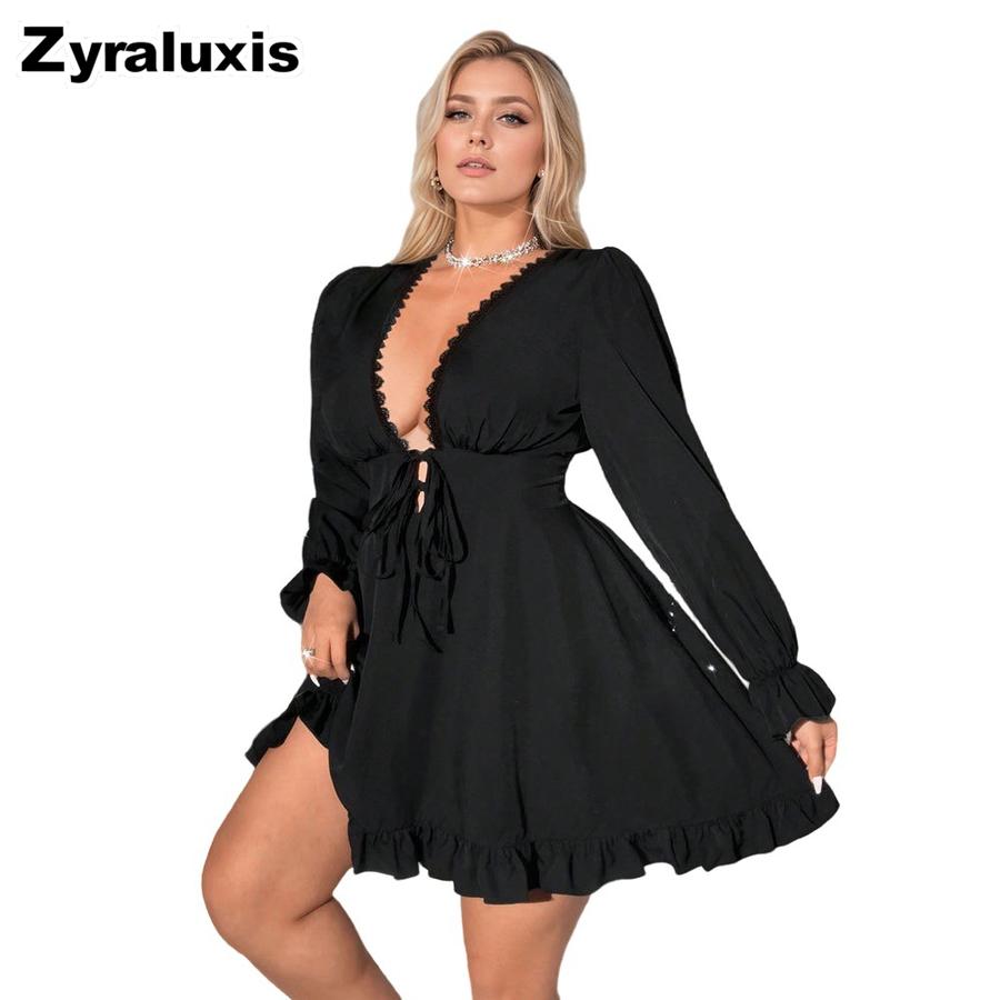Übergröße Damen Frühling Sommer Neu V-Ausschnitt Kurz A-Linie Rock Falten Taille Sexy Tiefes V Kleid 3XL schwarz