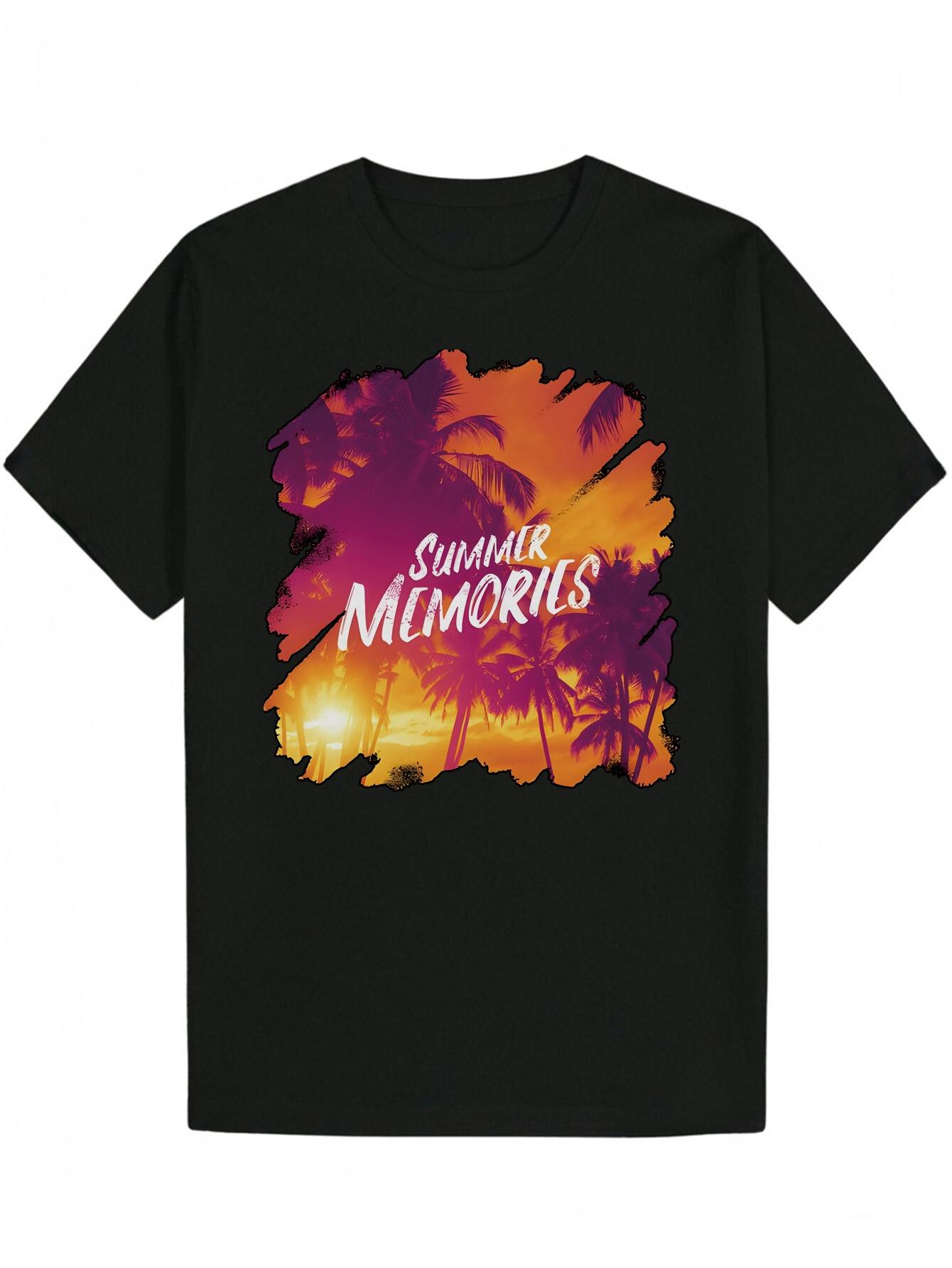 Crew Neck T-shirt - Vibrant Palm Tree & Sunset Print XXXL