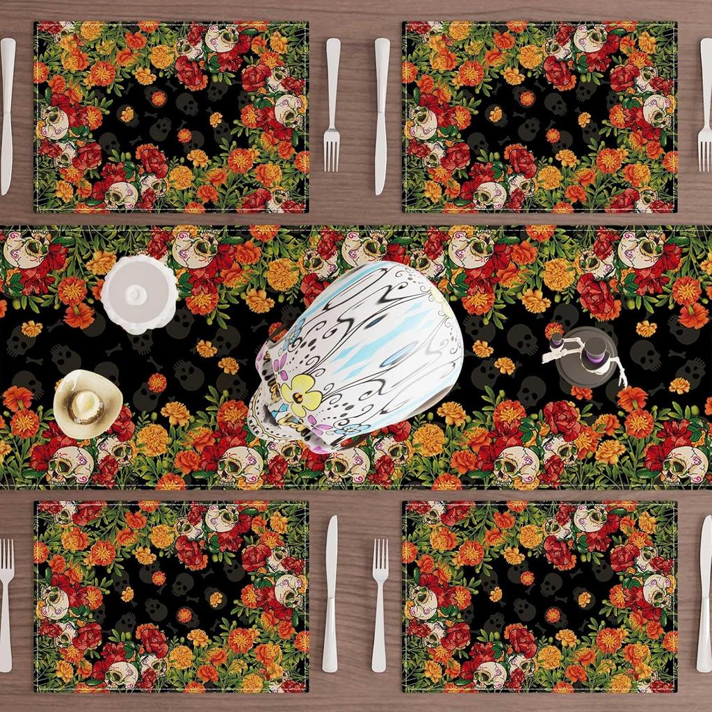 Sugar Skull Marigolds Floral Dia De Los Muertos Day of The Dead Mexican Placemats Set of 4 Table Mats for Kitchen Dining Table Decorations 12x18 Inch