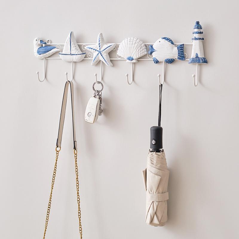 6 Hooks Mediterranean Style Coat Rack,Creative Wooden Ocean Home Decor, Practical Wholesale, Easy To Install, Wall Mounted, Metal and Wood, for Home