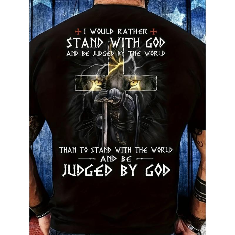 Men'S Graphic T-Shirt Featuring 'STAND WITH GOD' - Crew Neck, Regular Fit, Durable Stretch, Perfect for Sports And Casual Outings