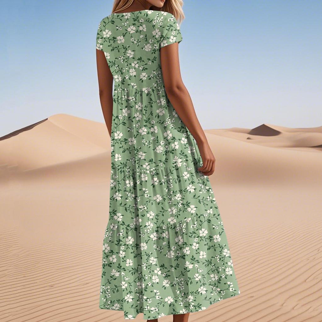 Women's Summer Fashion V-Neck Beach Long Short Sleeve Floral Printed Dresses