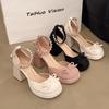 Fashion Hot Selling French Thick Heel High Heel Women's New 2025 Summer Thick Bottom Bow Mary Jane Cap Toe Sandals Rubber Sole round Toe