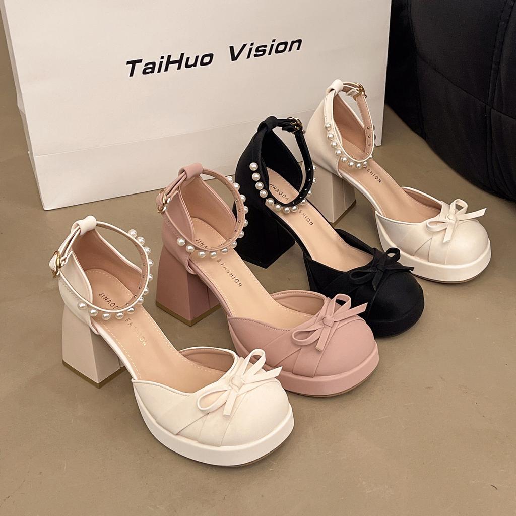 Fashion Hot Selling French Thick Heel High Heel Women's New 2025 Summer Thick Bottom Bow Mary Jane Cap Toe Sandals Rubber Sole round Toe