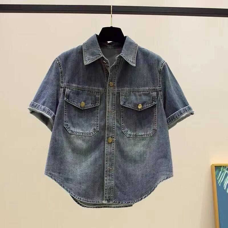 

Женская свободная летняя, самая простая в сочетании, джинсовая рубашка-куртка, повседневная, модная новинка, модная куртка с коротким рукавом, с потертостями, укороченная Retro M