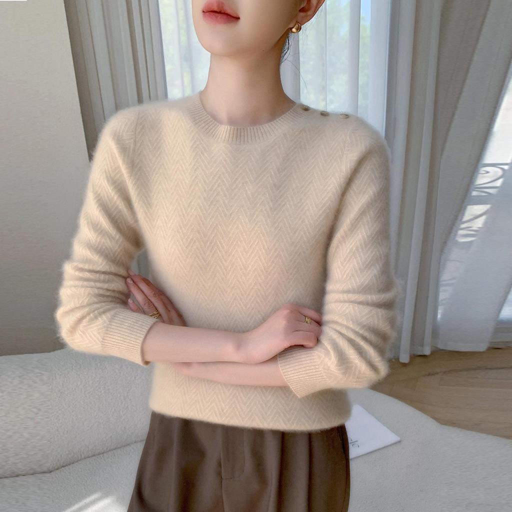 Elegant Style Cashmere Women's Round Neck Pullover Sweater with Diagonal Buttons - Warm, Skin-Friendly, Long Sleeve Autumn/Winter Top