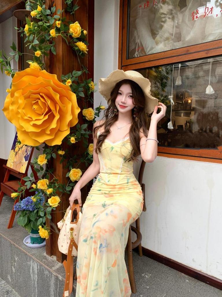 Women's Floral Tie-Up Backless Camisole Maxi Dress - Summer Waist-Cinched Mermaid Style