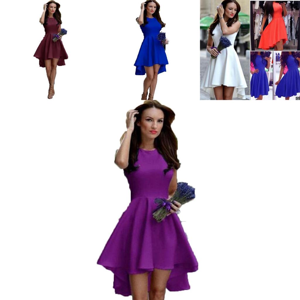 Fashion Women Sleeveless Asymmetric Hem Casual Sundress In Elegant Pure Color