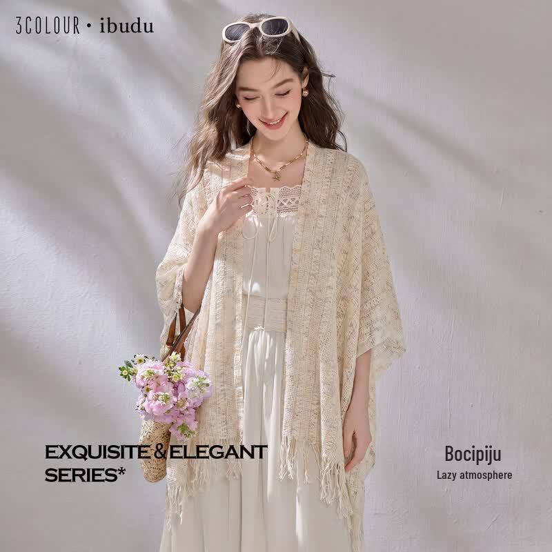 Bohemian Hollow Knit Tassel Shawl One Size абрикосовый