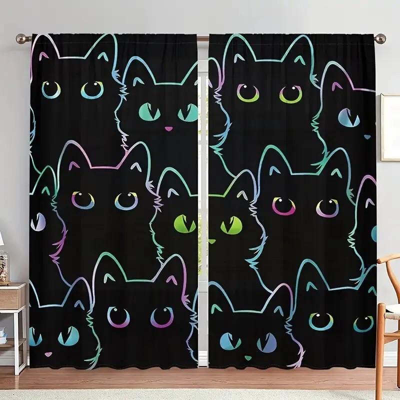 2pcs Colorful Cats Print Curtain  Blackout Drapes for Bedroom  Polyester  Rod Pocket Window Treatment  Home Decor