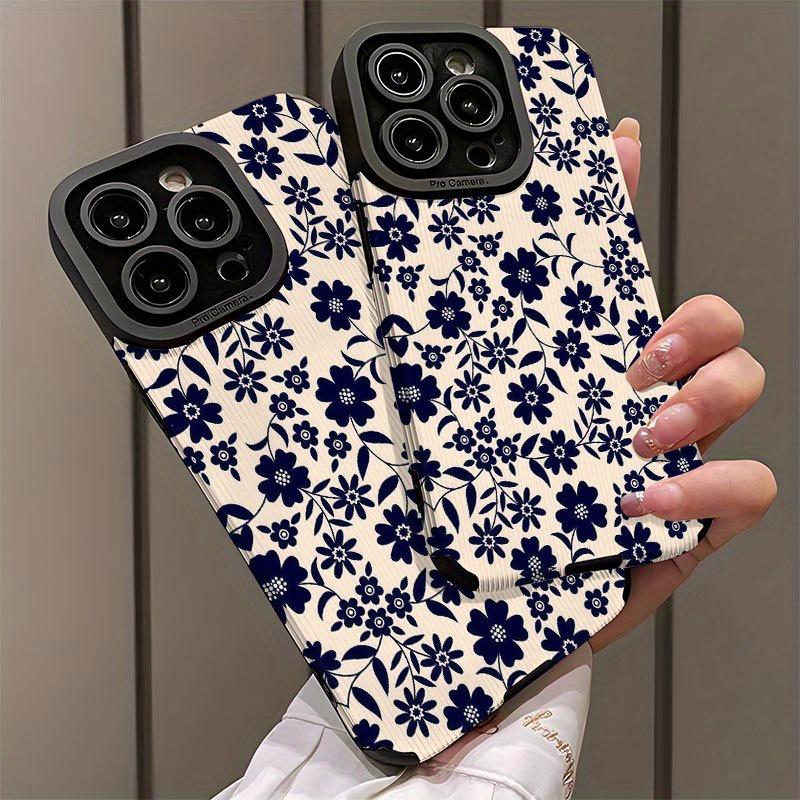 Navy Blue Retro Floral Print Phone Case Suitable for iPhone 17 16 15 14 13 12 11Pro/Max/Plus Anti Drop and Shockproof Back Cover