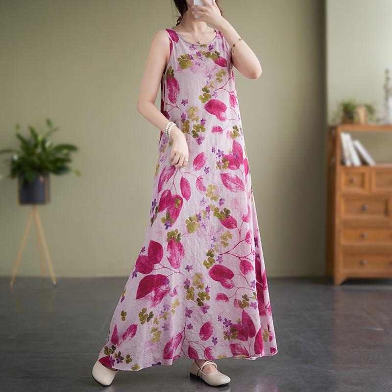 Real summer new simple bohemian crew neck print sleeveless dress women's medium and long