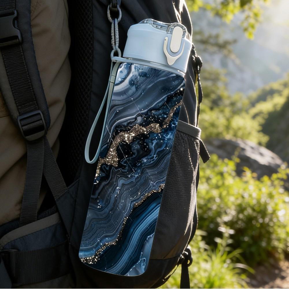 1PC Dark Black Blue Gold Vein Agate Marble Art 750ml Color Plastic Sports Water Bottle Leakproof Flip Straw Lid Suitable for Sports Office Home Use
