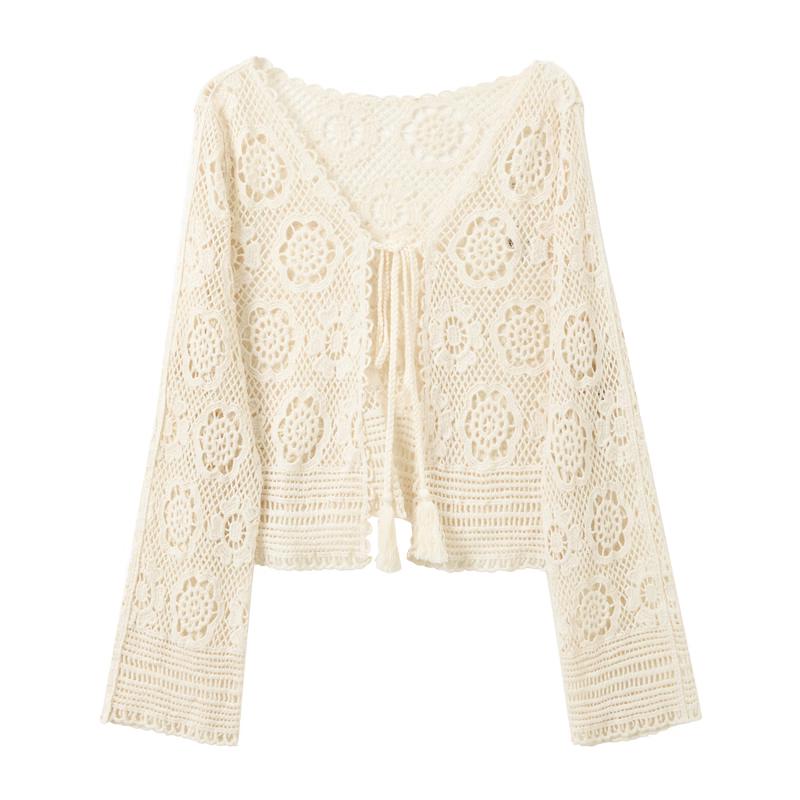 Sancai Hollow Knit Tassel Tie Short Cardigan M