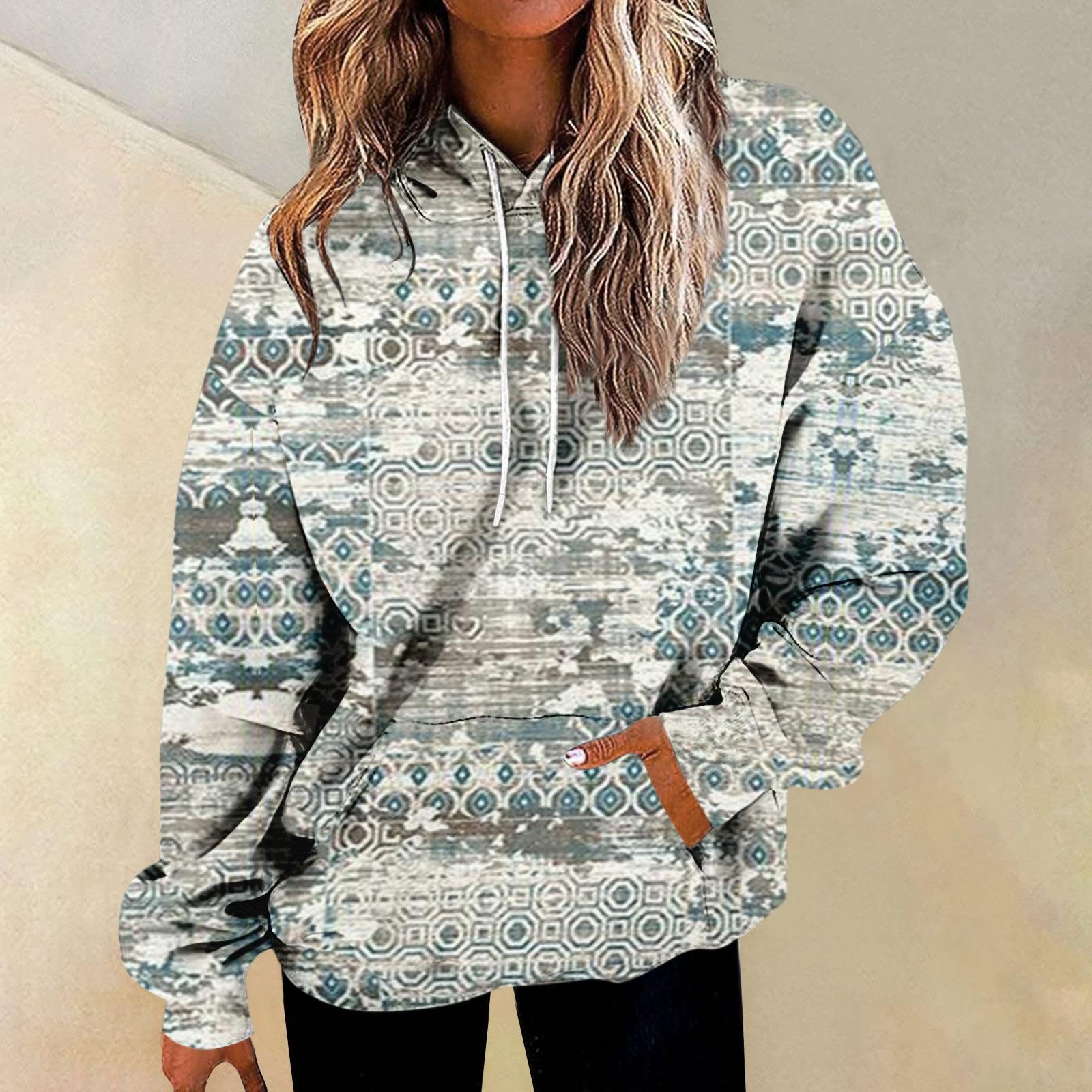 Женская повседневная мода винтажный принт длинный рукав пуловер с капюшоном топ XXXL — фото 8