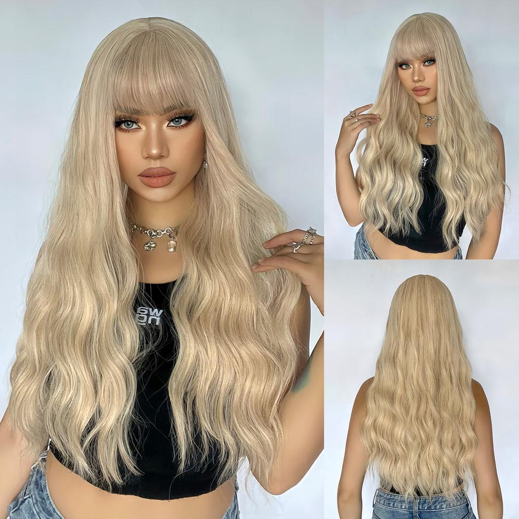 Professional  White Blonde Long Wavy Synthetic Wigs with Bangs for Black Women Halloween Cosplay Party Daily Wig Natural Hair Heat Resistant