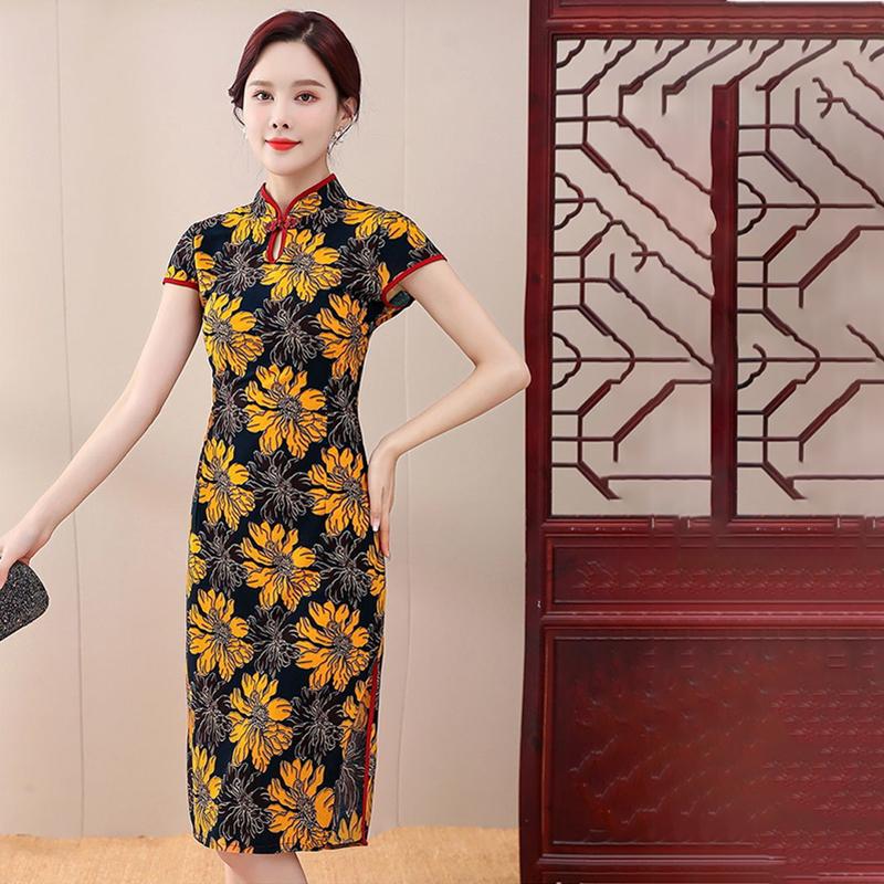 Dress Floral Ice Silk Cheongsam Women 
