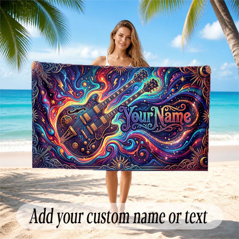 Music Guitar Theme Beach Towel Personalized Custom Name & Text Soft Quick Dry Beach Towel for Swimming Travel