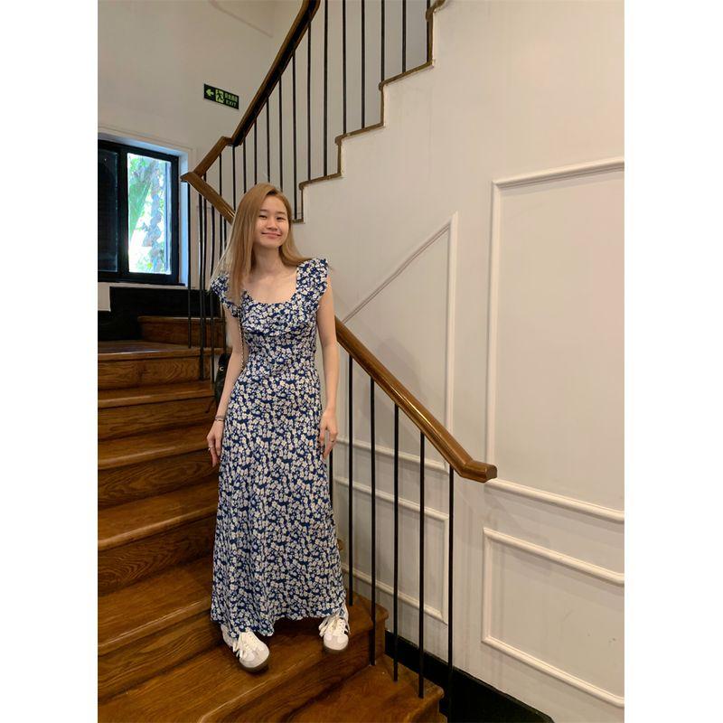 100.00kg Tall Long Square-Neck Cinched Slim Looking Floral Dress Beach Vacation Export Oversize Women's Clothing