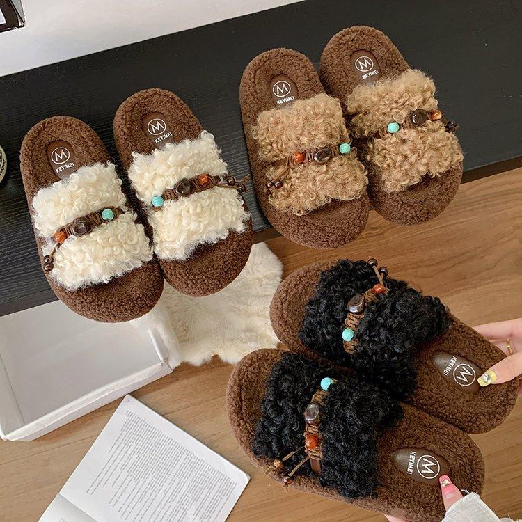 [Uncle Shoes] Lamb Lazy Autumn Fluffy Slippers Women's Outer Wear Cotton Slippers Thick Bottom Curly Hair Retro New One