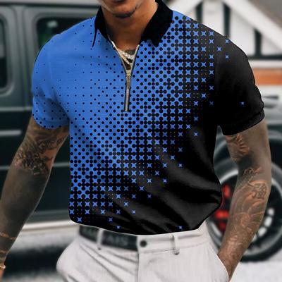 Men's Shirt Polo Casual Zip Short Sleeve Fashion Casual Zipper Summer Spring Regular Fit 3D Blue Snowflakes Print Shirt