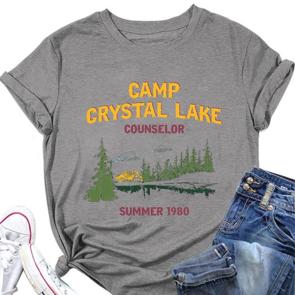 Summer New Women's Short Sleeved T-shirt Camp Crystal Lake Print Loose Round Neck Casual Top Paired with All Fashionable Clothing