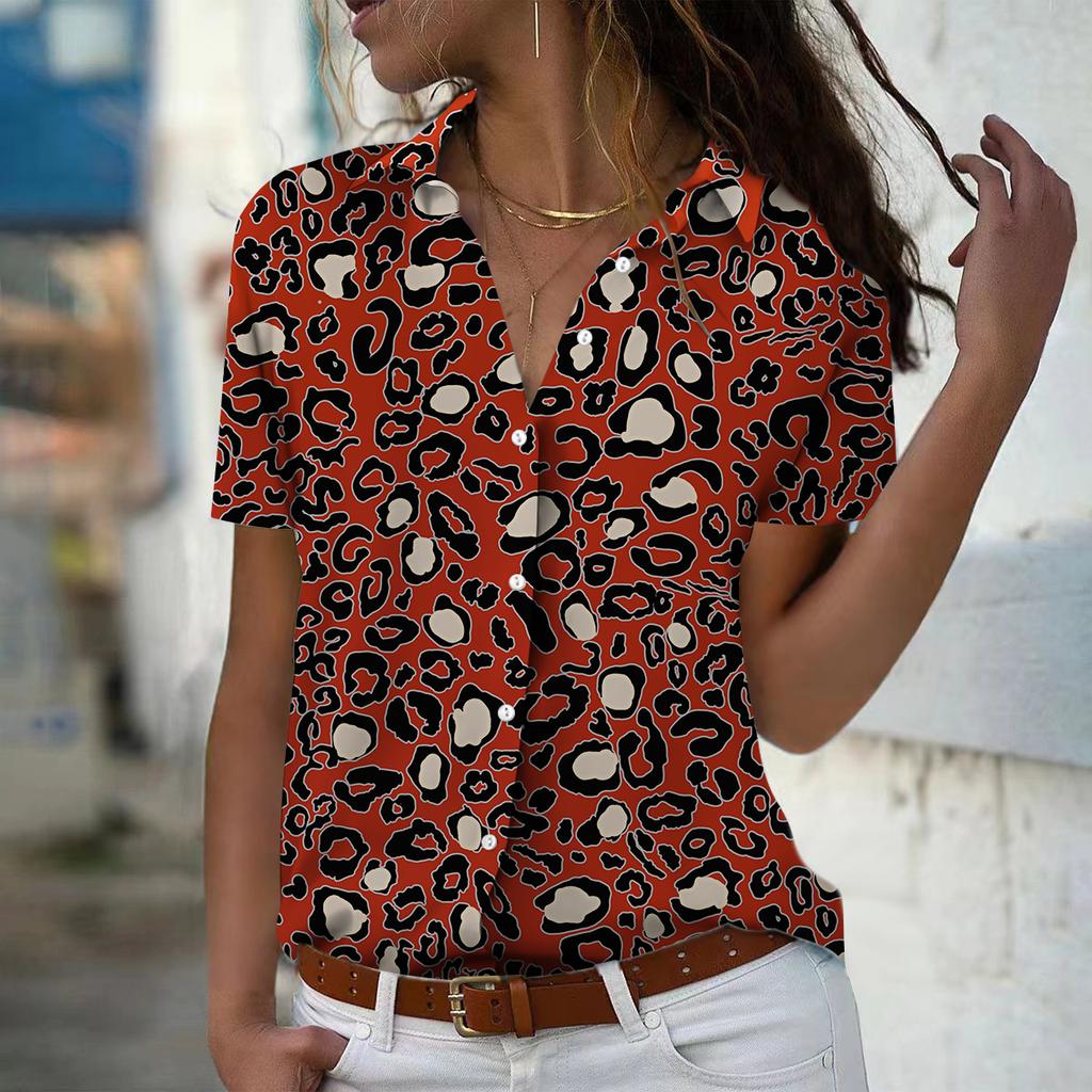 2025 Sommer Neue Mode Damen Leopardenmuster Bedruckt Kurzarm V-Ausschnitt Lässig Knopfleiste Hemd Top