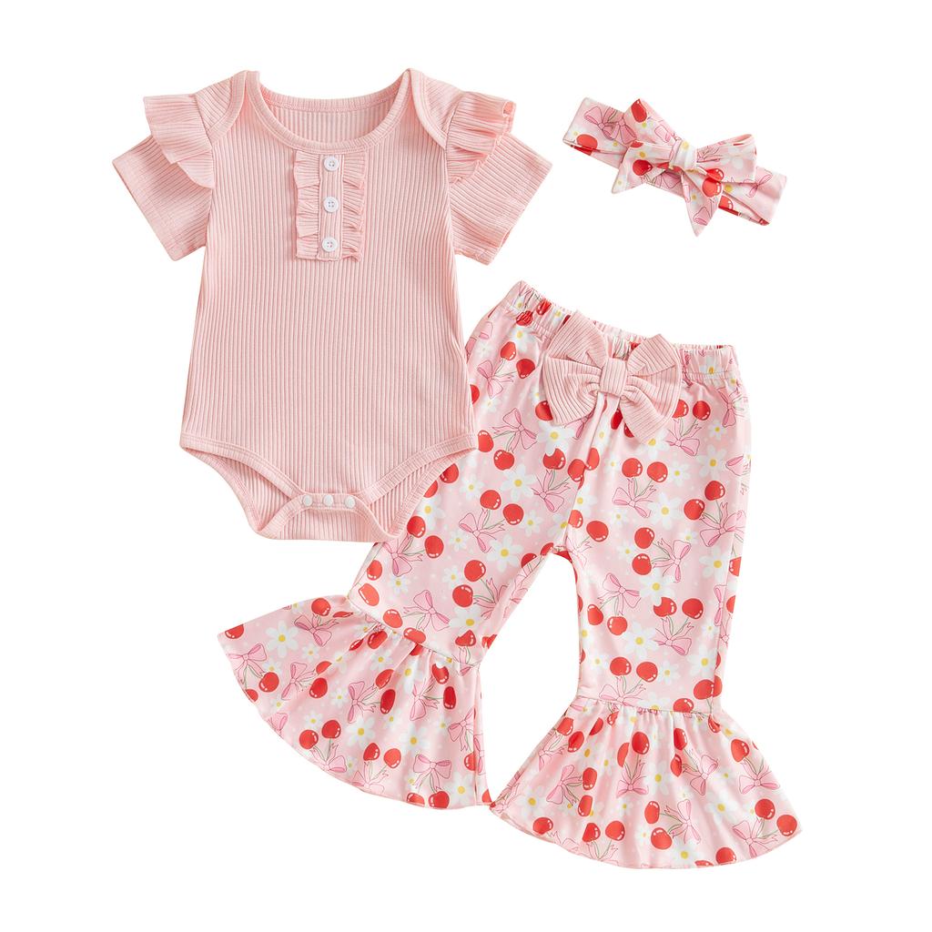 Baby Girls 3PCS Pants Sets Flying Sleeve O Neck Romper Floral Flared Pants Headband Sets