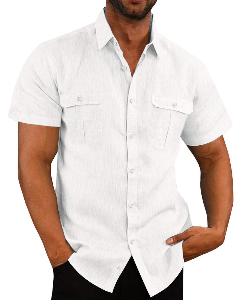 Heren Katoen Linnen Overhemden Korte Mouw Zomer Ademend Omgeslagen Kraag Casual Button-Down Shirt