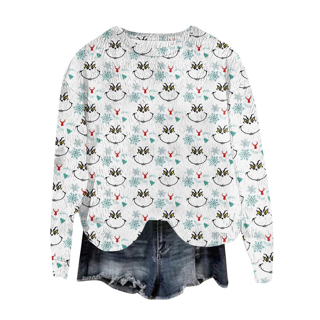 Women's Fashion Round Neck Pullover Top Long Sleeve Tee Christmas Printed Sweatshirt