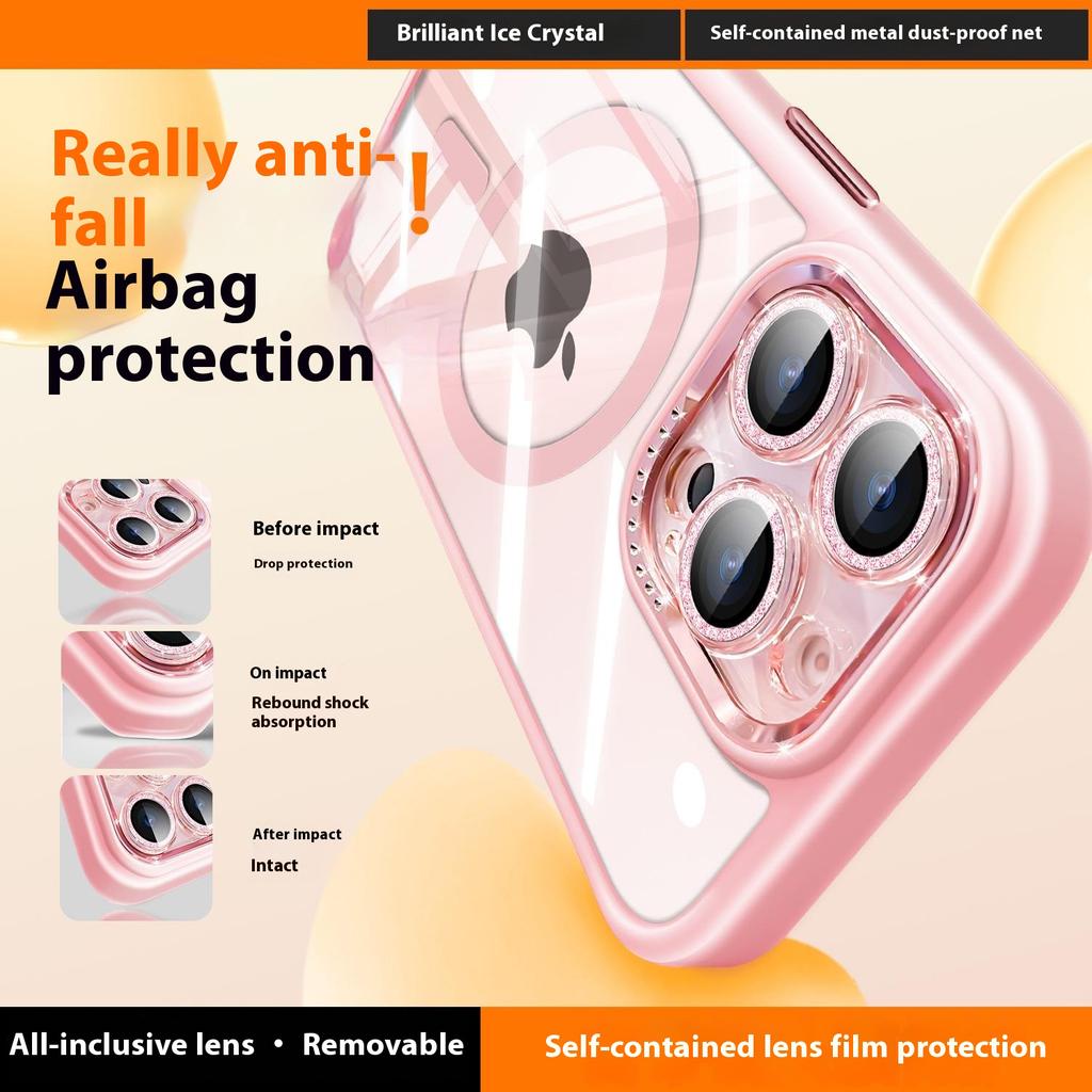 For iPhone 16 Pro Max Case Compatible with MagSafe PC+TPU Clear Phone Cover with Glitter Camera Lens Film