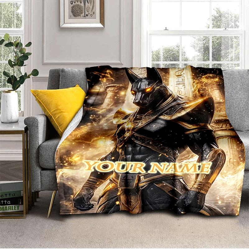1PC Custom Name Anubis Golden Guardian flannel blanket versatile, all-season throw suitable for the living room, bedroom, camping, travel, and gift