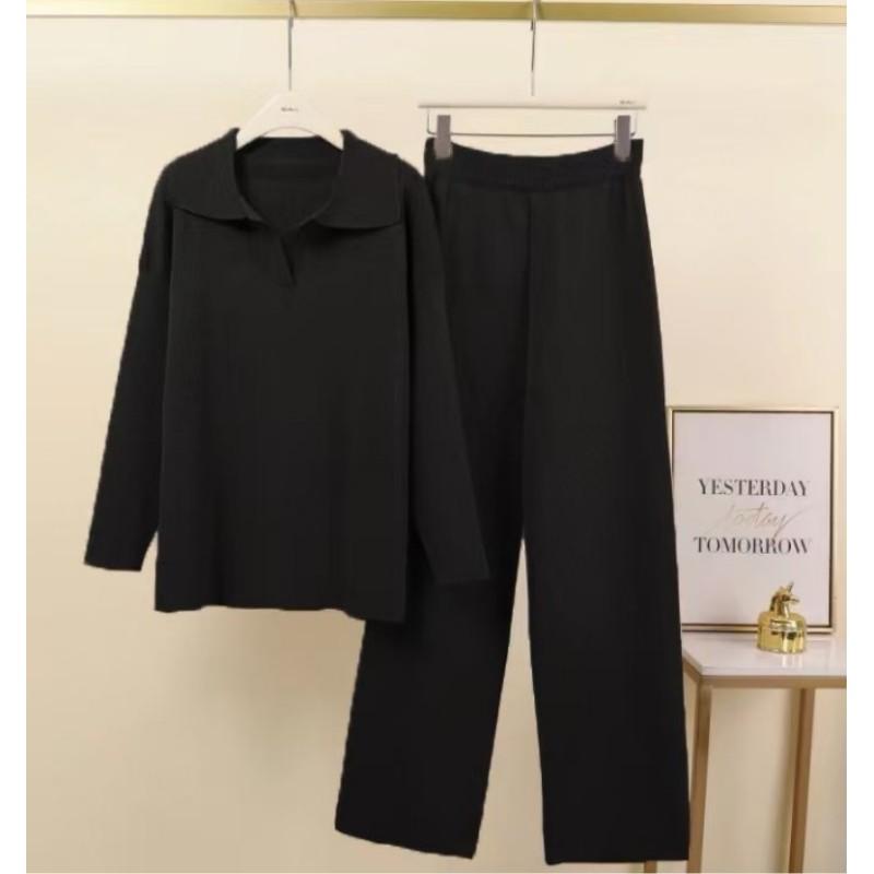 Women's Fall/Winter Oversized Set Polo-Neck Knit Pullover + Wide-Leg Pants Elegant Two-Piece Set