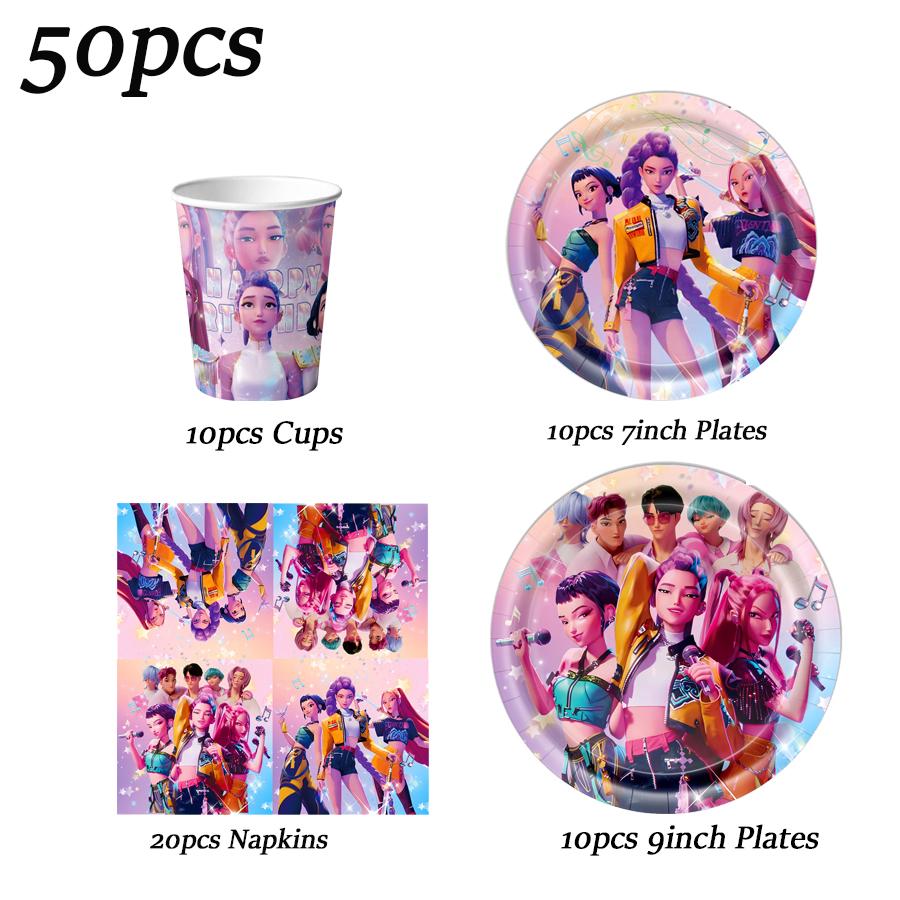 KPOP Demon Hunters Celebration Favors Tableware Collection Birth Date Celebration Balloons Board Banner Decor Girls Infant Shower Xmas Supplies