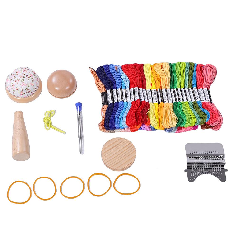Mini Darning Mushroom Kit Wooden 14 Hooks Patchwork Weaving Tool with Needles 50 Colors Thread for Sock Jeans Repair