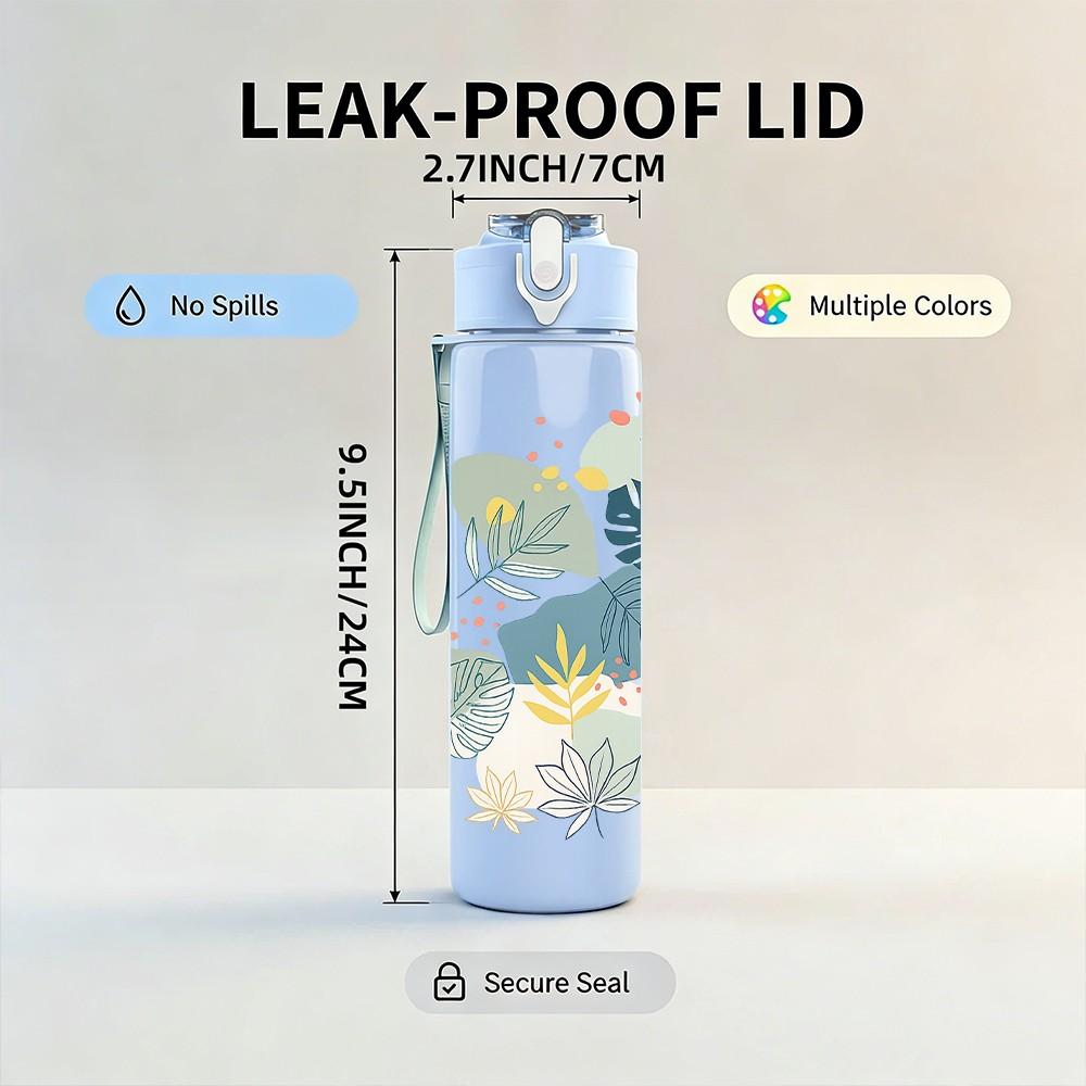 1PC Soft Pastel Leaf Plant Art Print 750ml Color Plastic Sports Water Bottle Leakproof Flip Straw Lid Suitable for Sports Office Home Use