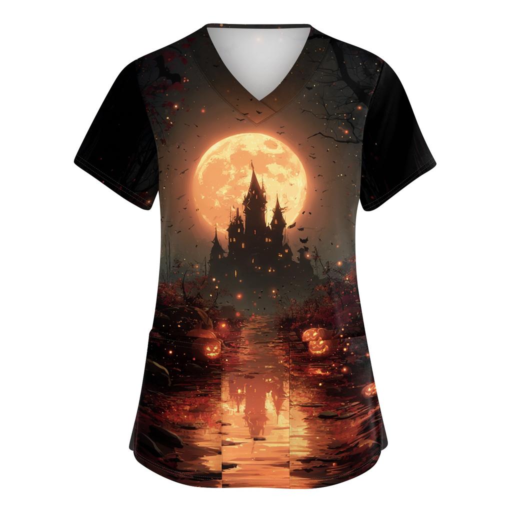 Women's V Neck Short Sleeve Work Shirt with Side Slits and Pockets Halloween Themed Printed Top Suitable for Casual and Professional Wear