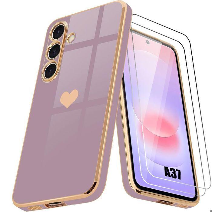 Coque + 2 Verres Trempés pour Samsung Galaxy A37 5G, Silicone Motif Cœur Anti-Rayures Violet