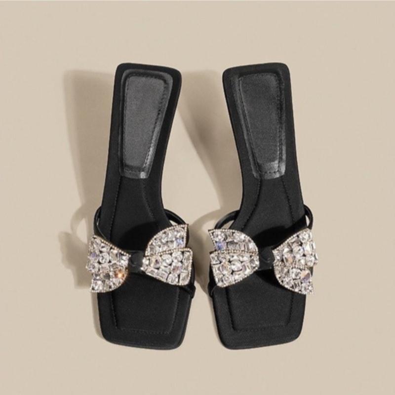 Damen High Heels Pantoletten Luxus Strass Schleife Pantoletten Temperament Quadratische Zehenpartie High Heel Sandalen Damen Bankett Party Pumps