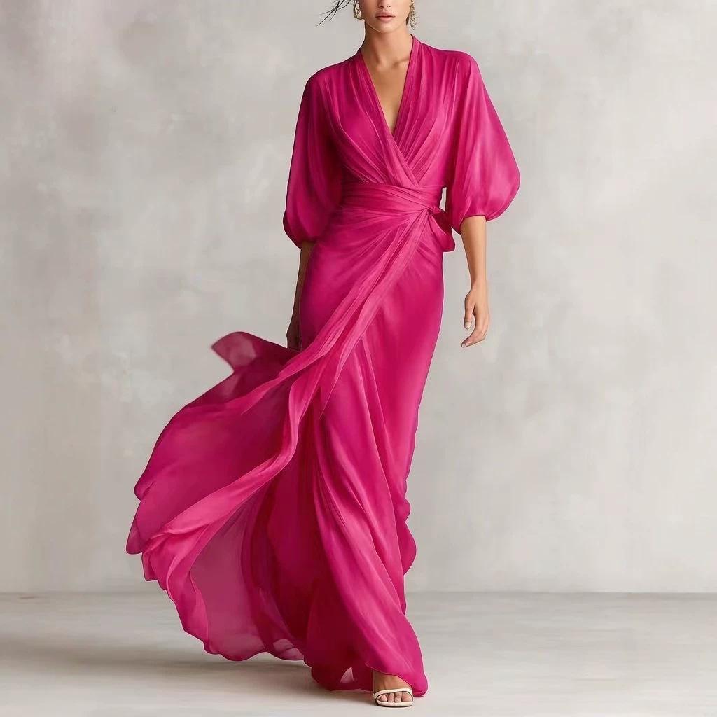 European-American Deep V-neck Romantic Autumn Banquet Puff Sleeve Long Dress