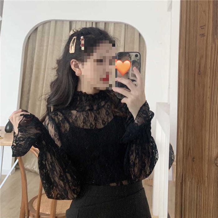 Black Long Sleeve Lace High Neck Mesh Top - Sexy Hollow-Out Fairy Chiffon Shirt for Women