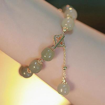 Bracciale con ciondoli con perline di giada Hetian imitazione lusso leggero vintage, perle e zirconi