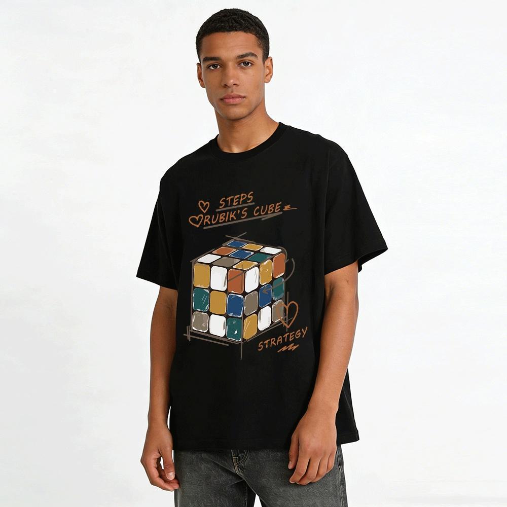 Vintage Rubik's Cube Strategy Steps Print Casual T-Shirt Pure Cotton T-shirt