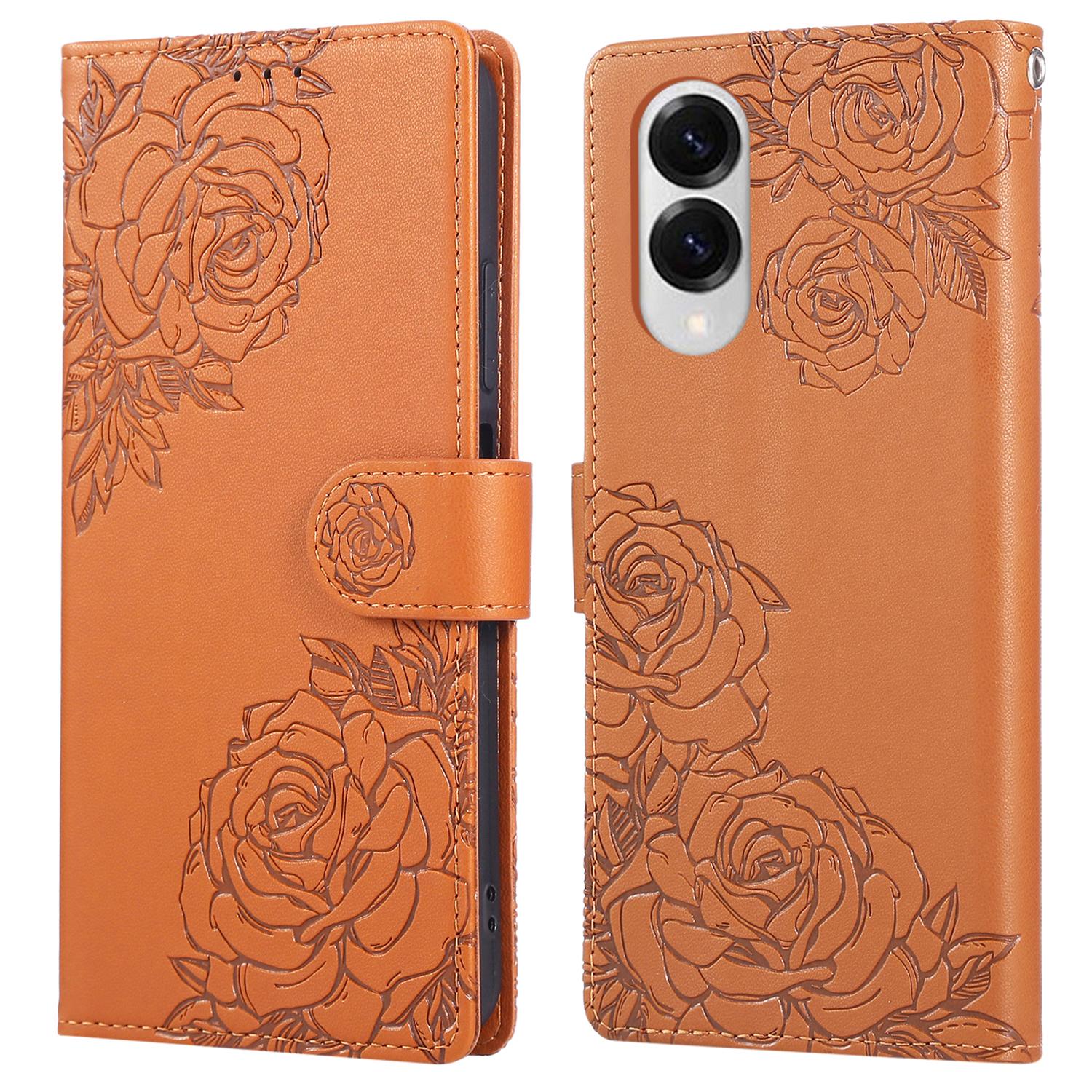 

Для Samsung Galaxy S25 Чехол-книжка Edge из ПУ кожи с рисунком розы и 3 отделениями для карт Brown